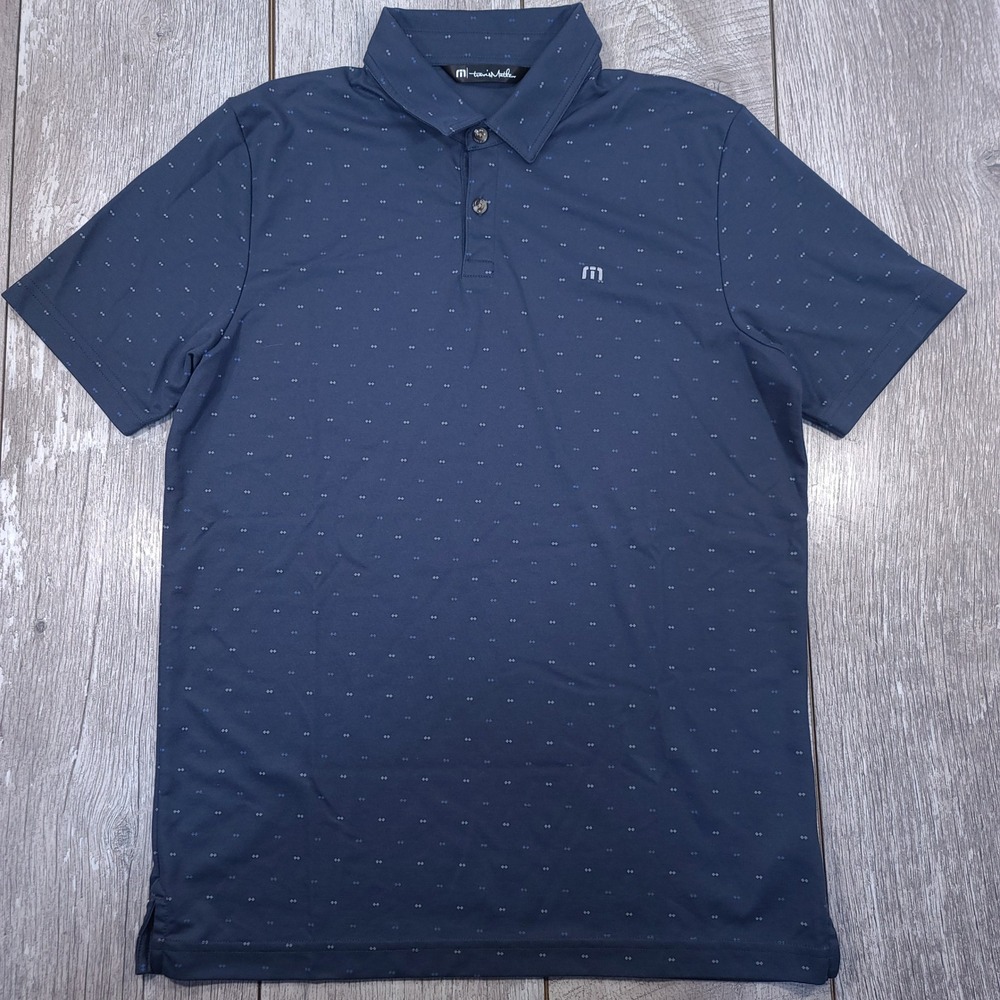 Travis Mathew Polo Shirt Mens Medium Blue Geometric Micro Print Short Sleeve